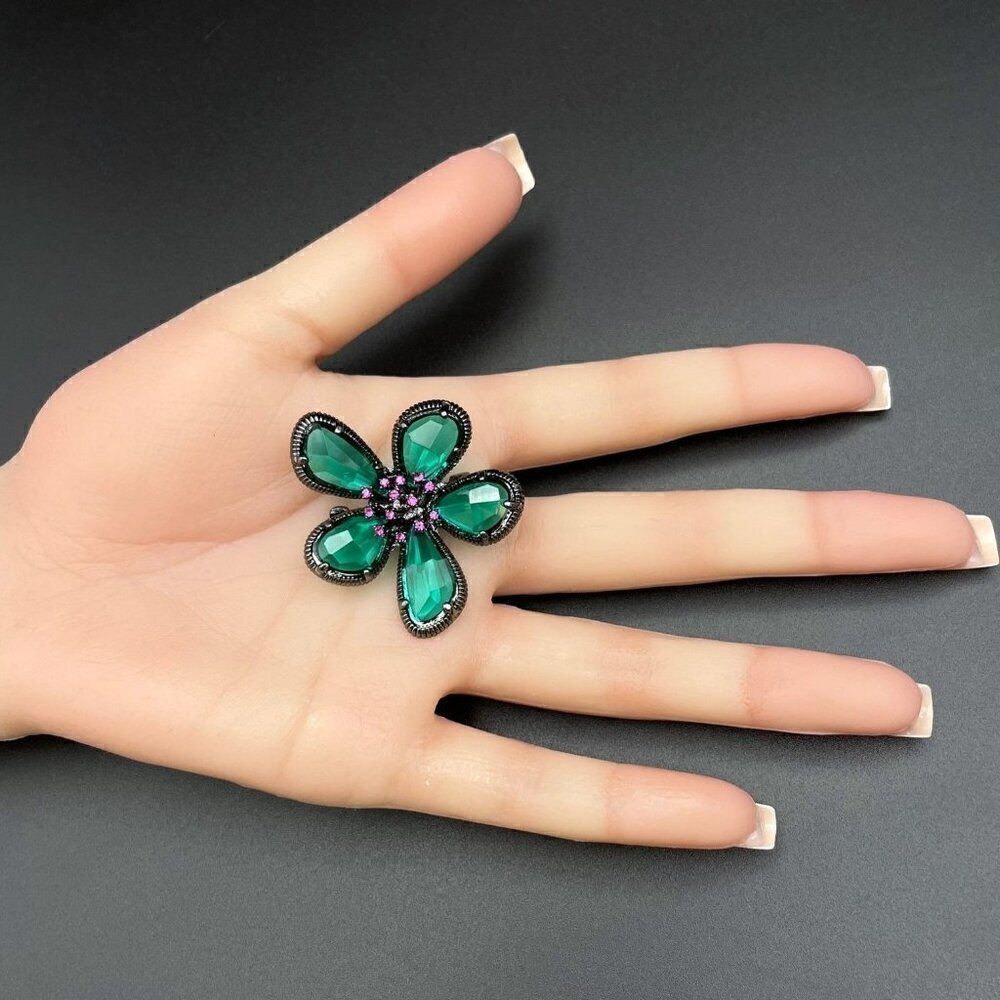 Gun Metal Gray Black with Emerald and Amethyst Crystal Flower Pin Back Brooch - Picture 8 of 8